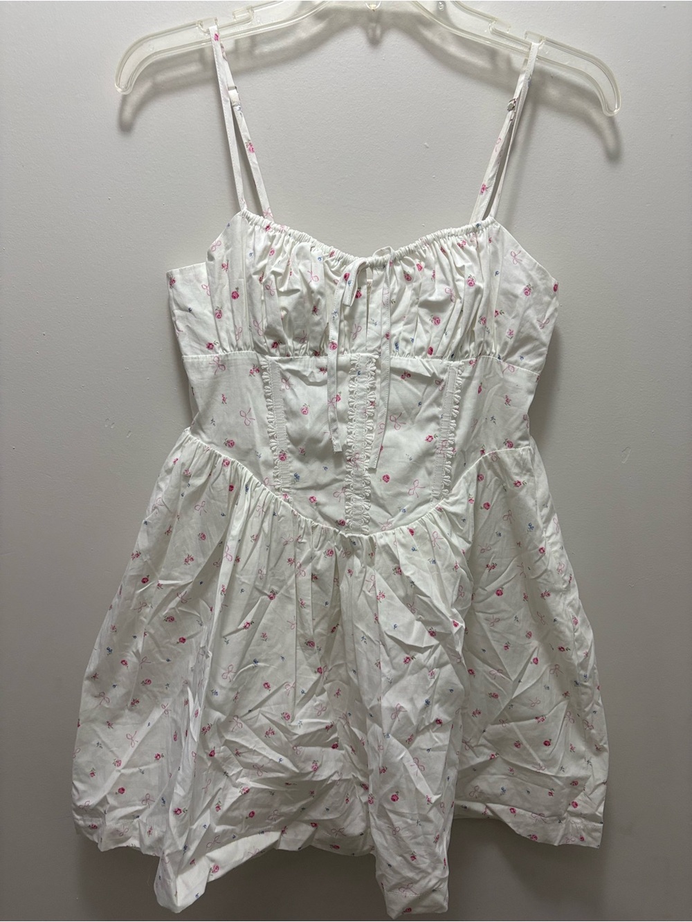 Coquette- White Spaghetti Strap Sundress with Pink Floral Print